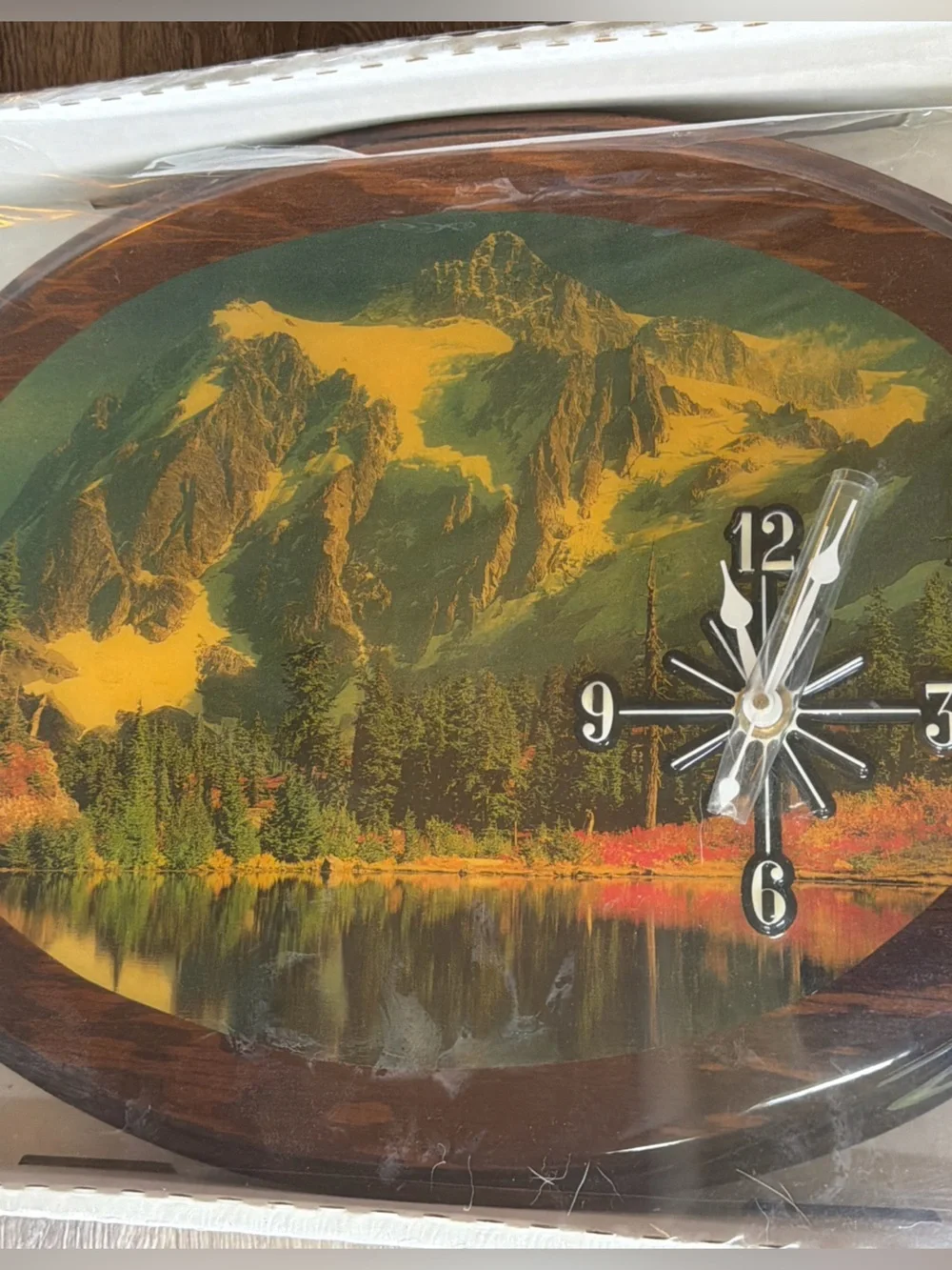 Wooden Resin Picture Quartz Clock Mountain Scene New In Box
